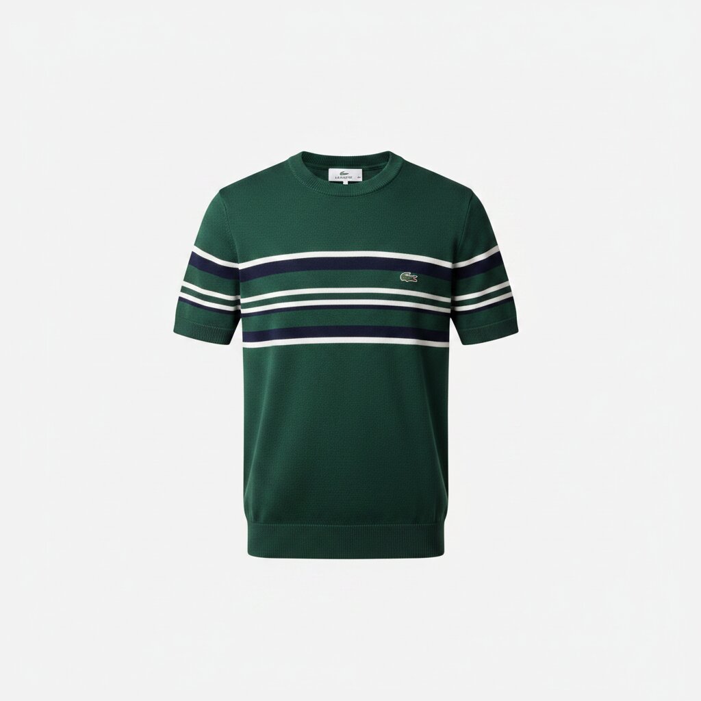 Lacoste Striped Knit T-Shirt in Forest Green with White and Navy Blue Chest Stripes and Crocodile Logo - Ghost Mannequin Effect - Light Gray Background - Front View