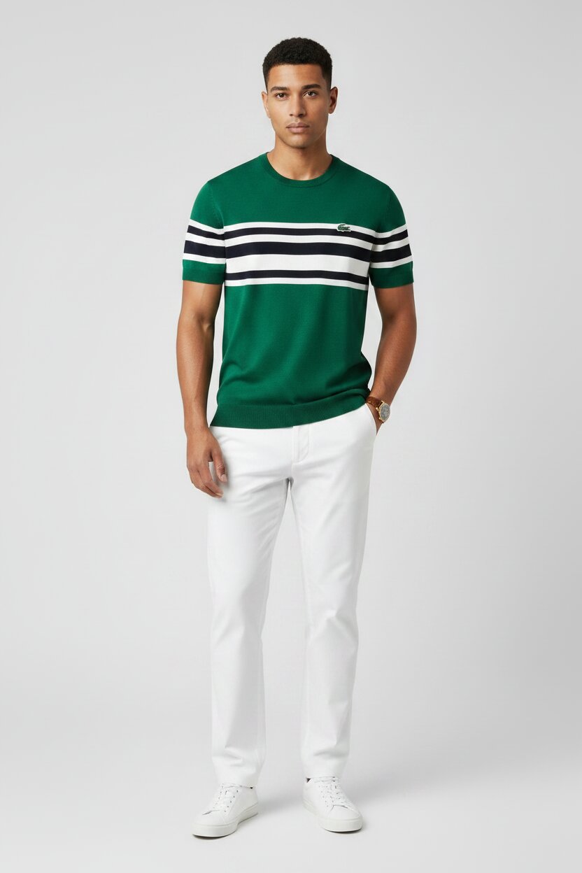 Lacoste Striped Knit T-Shirt in Forest Green Styled with White Semi-Formal Trousers and White Sneakers - Male Model Full Body Shot - Light Gray Studio Background