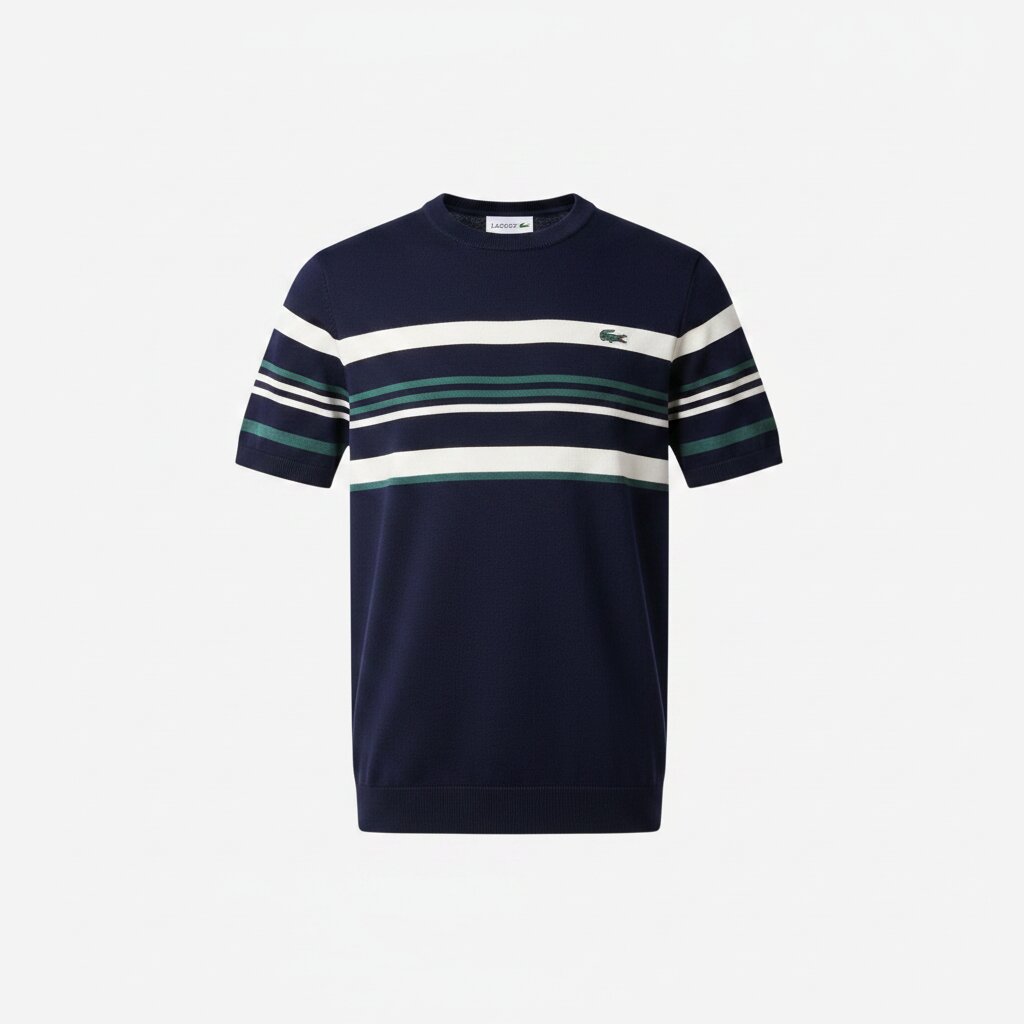Lacoste Striped Knit T-Shirt in Navy Blue with White and Teal Chest Stripes and Crocodile Logo - Ghost Mannequin Effect - Light Gray Background - Front View