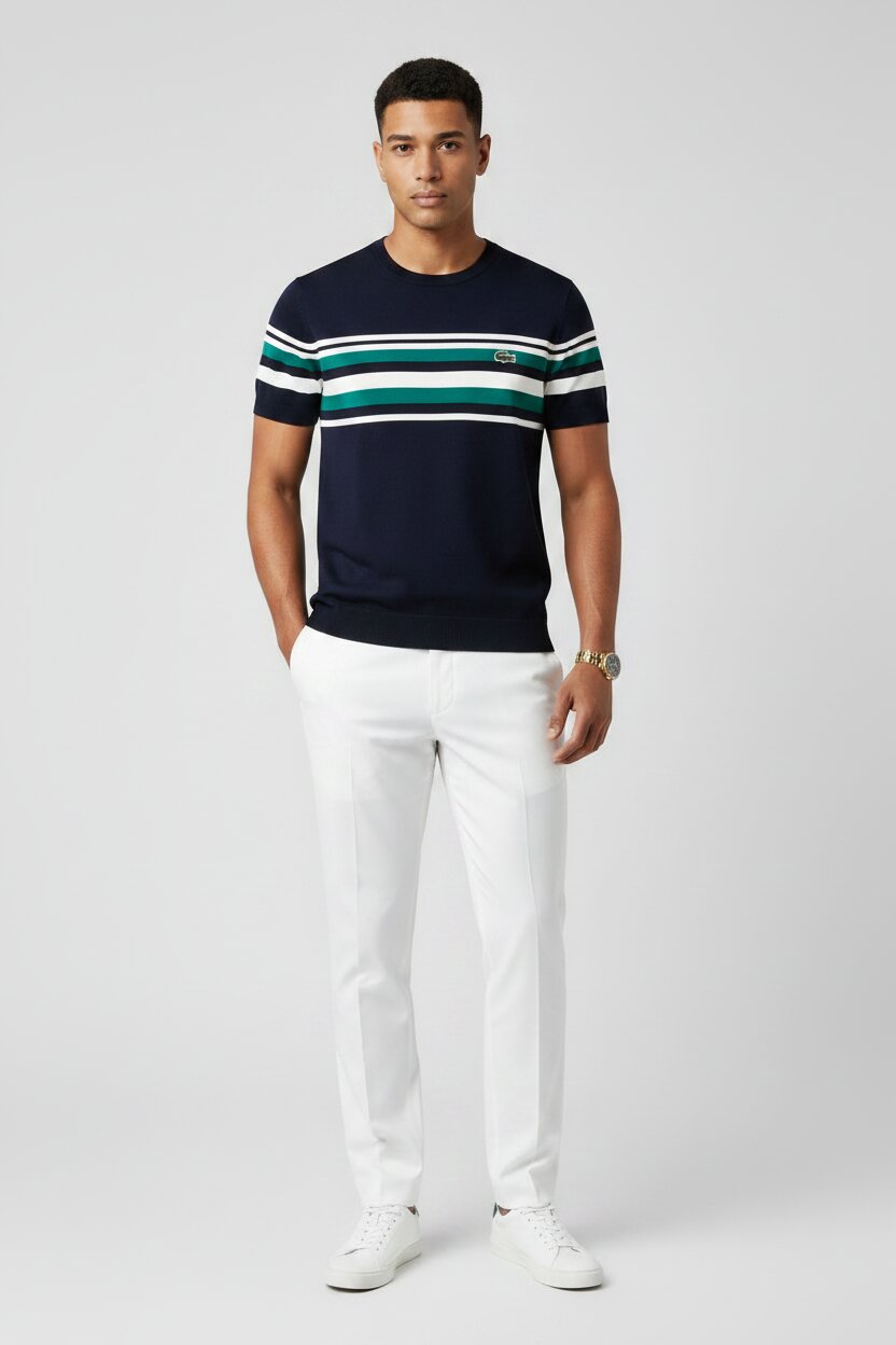 Lacoste Striped Knit T-Shirt in Navy Blue Styled with White Semi-Formal Trousers and White Sneakers - Male Model Full Body Shot - Light Gray Studio Background