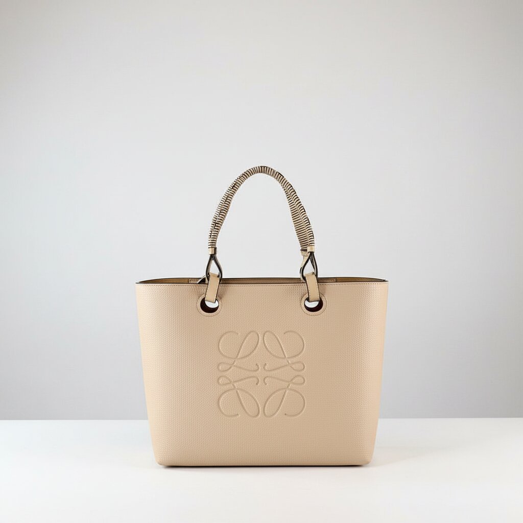 Loewe Anagram Tote Bag in Cream Beige Pebbled Leather with Striped Rattan Handles - Light Gray Background - Front View