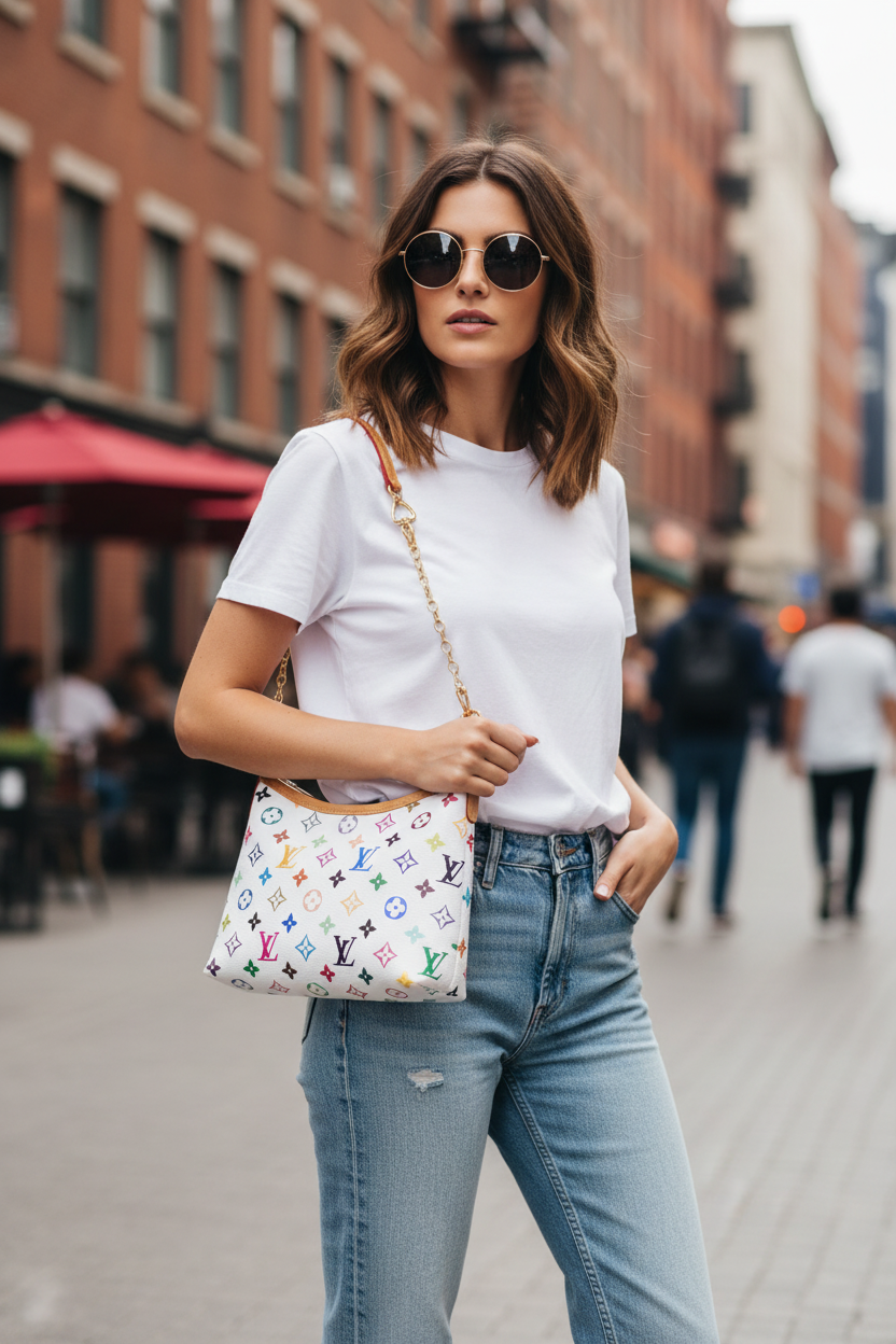 Woman in a white t-shirt and blue jeans holding a colorful handbag on a city street.