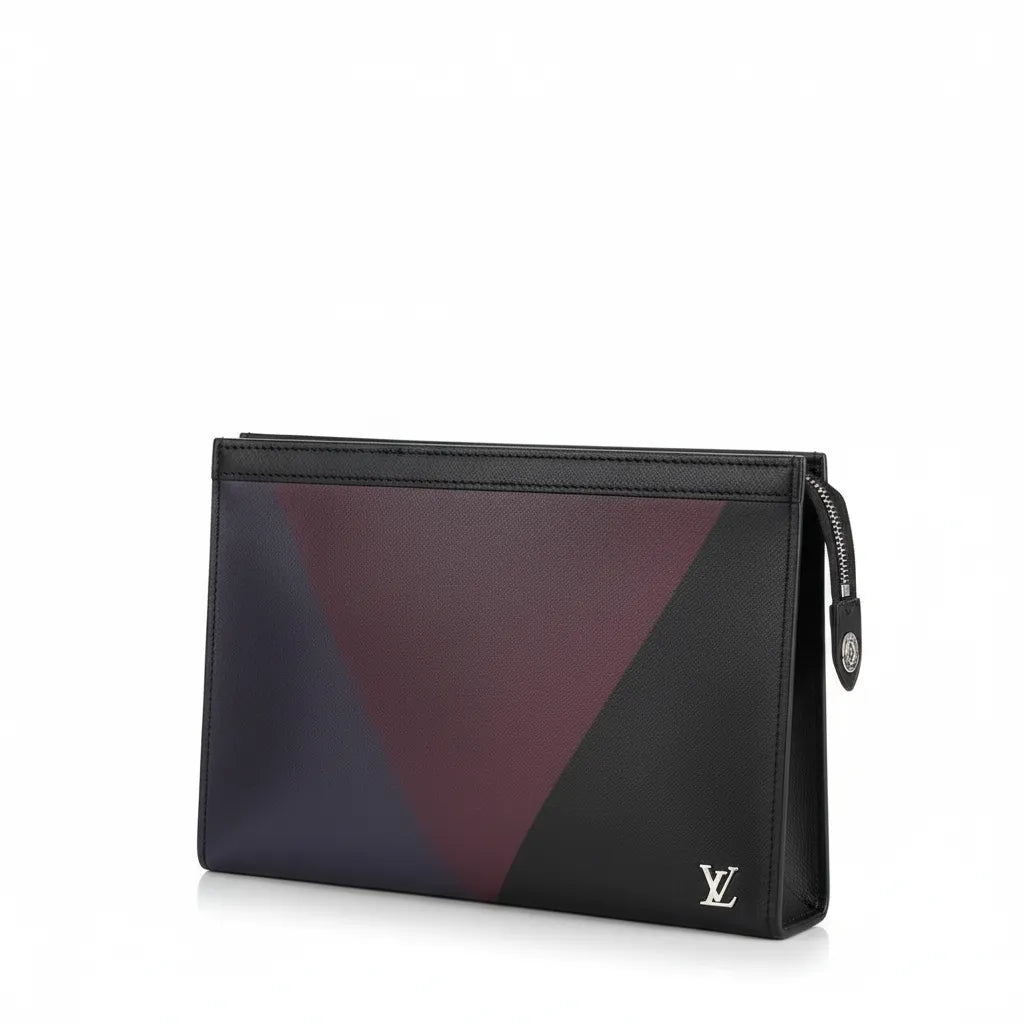 Black and purple pouch with a brand logo on a white background