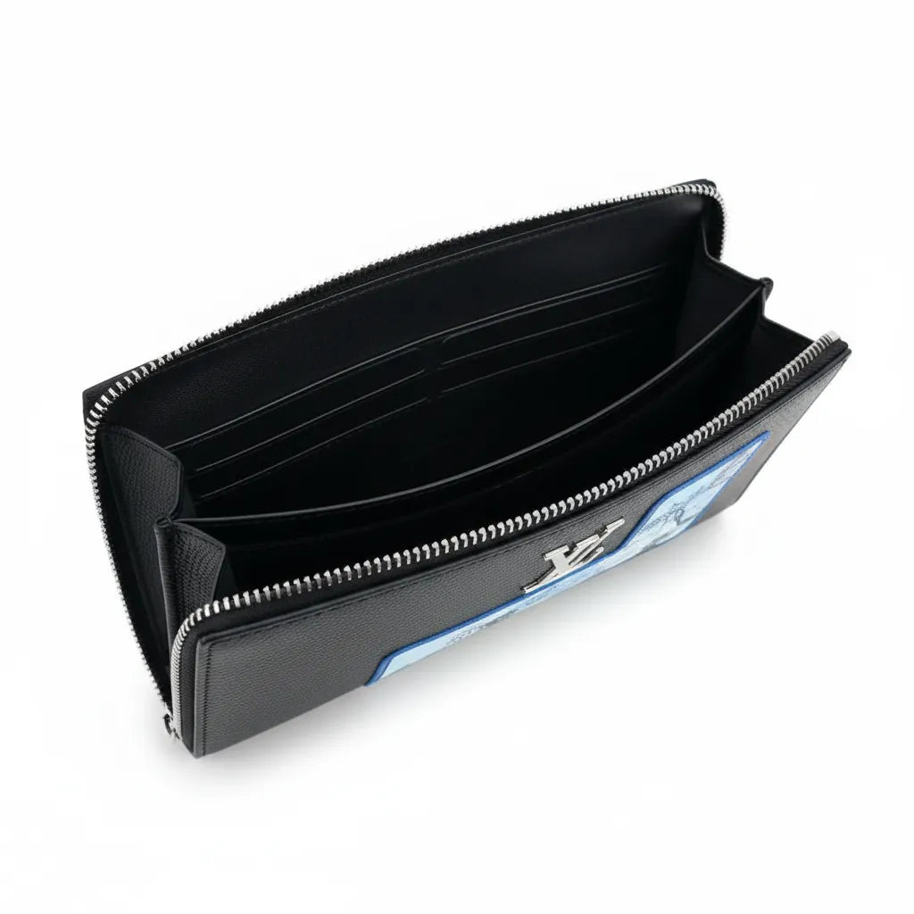 Black wallet with a brand logo on a white background