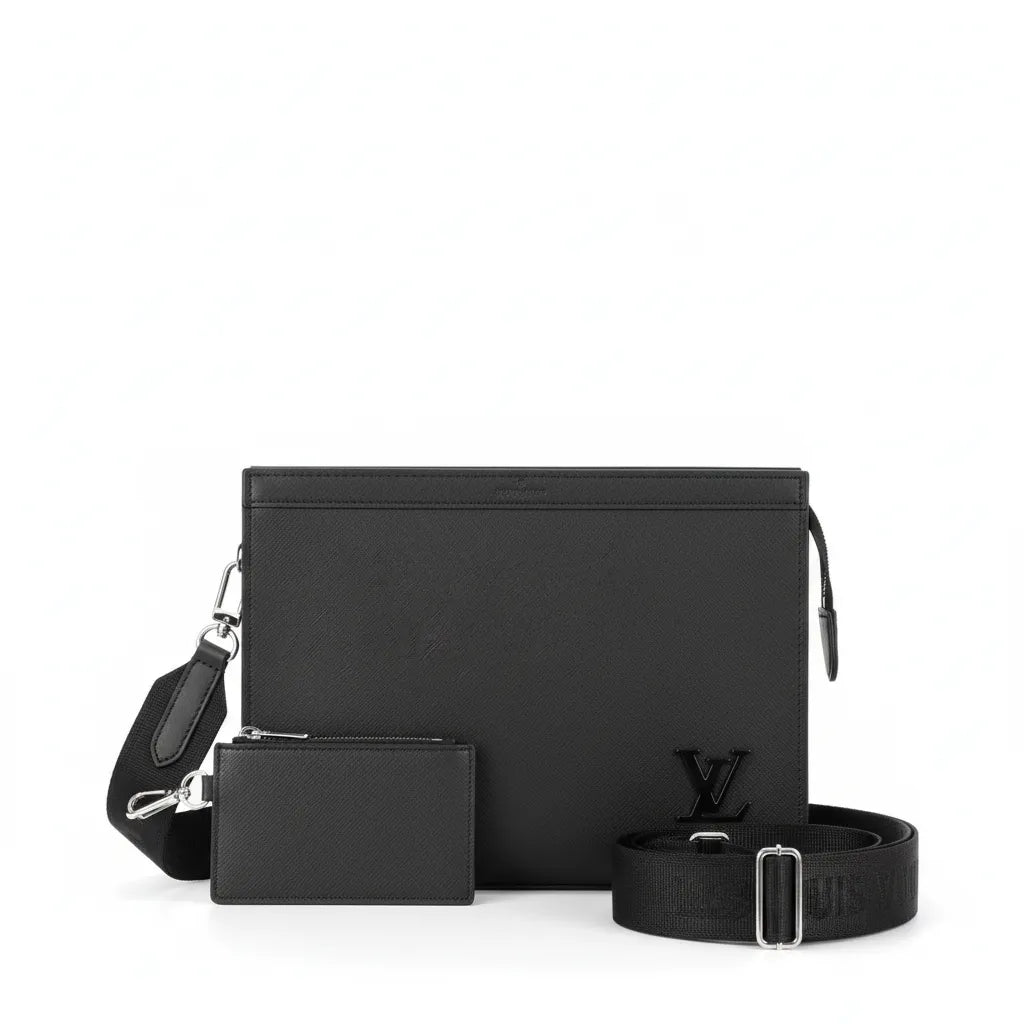 Black leather bag set with pouch and belt on a white background