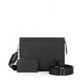 Black leather bag set with pouch and belt on a white background
