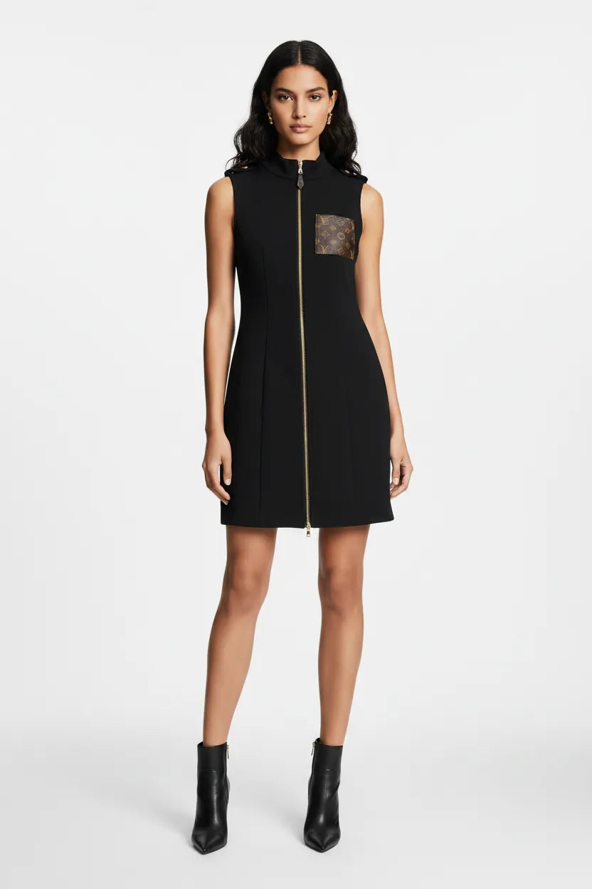 Black sleeveless dress with a zipper on a white background