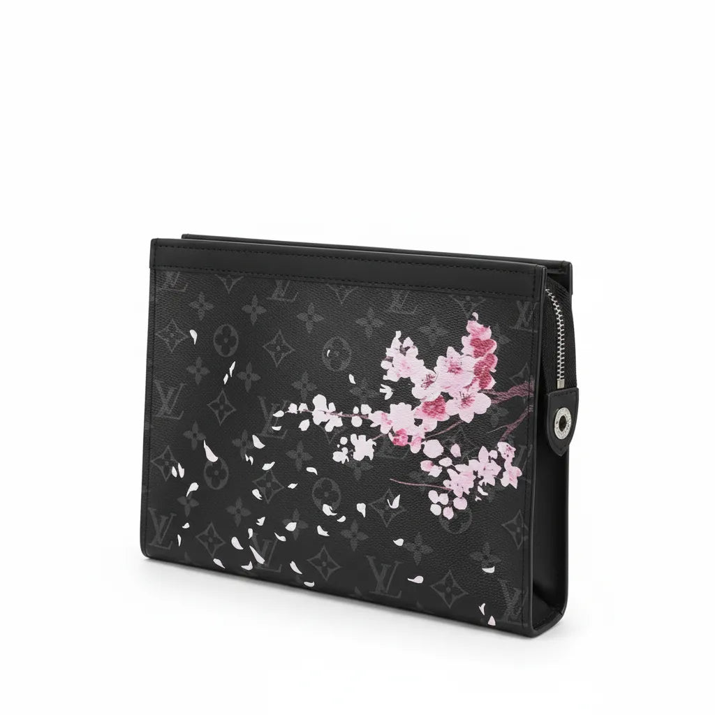 Black pouch with floral design on a white background