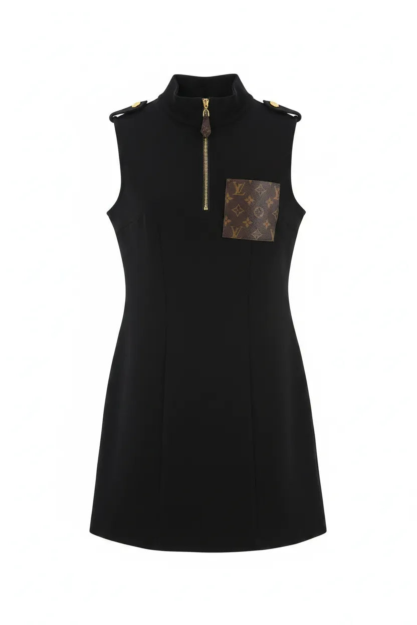 Black sleeveless dress with a brand logo on a white background