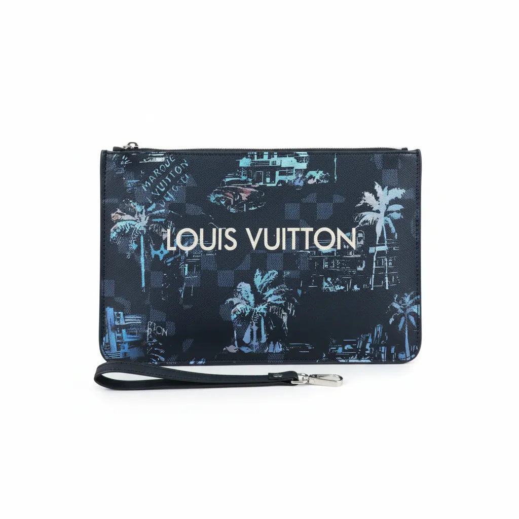 Louis Vuitton pouch with palm tree design on a white background