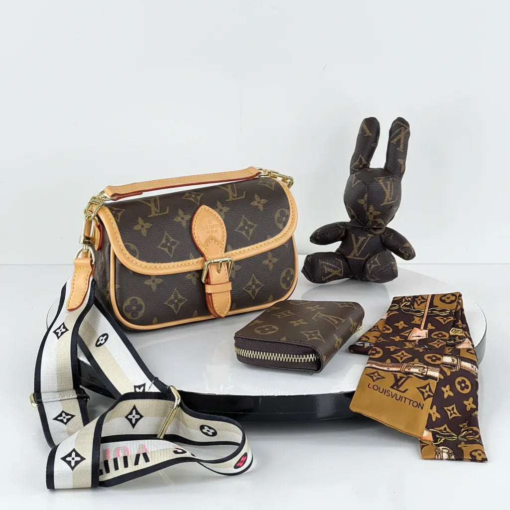 Louis Vuitton handbag, wallet, and pouch displayed on a white surface with a white background
