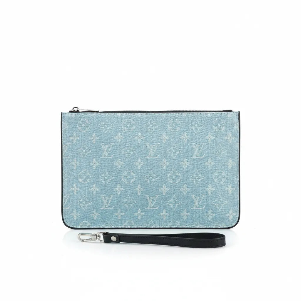 Blue pouch with monogram pattern on a white background