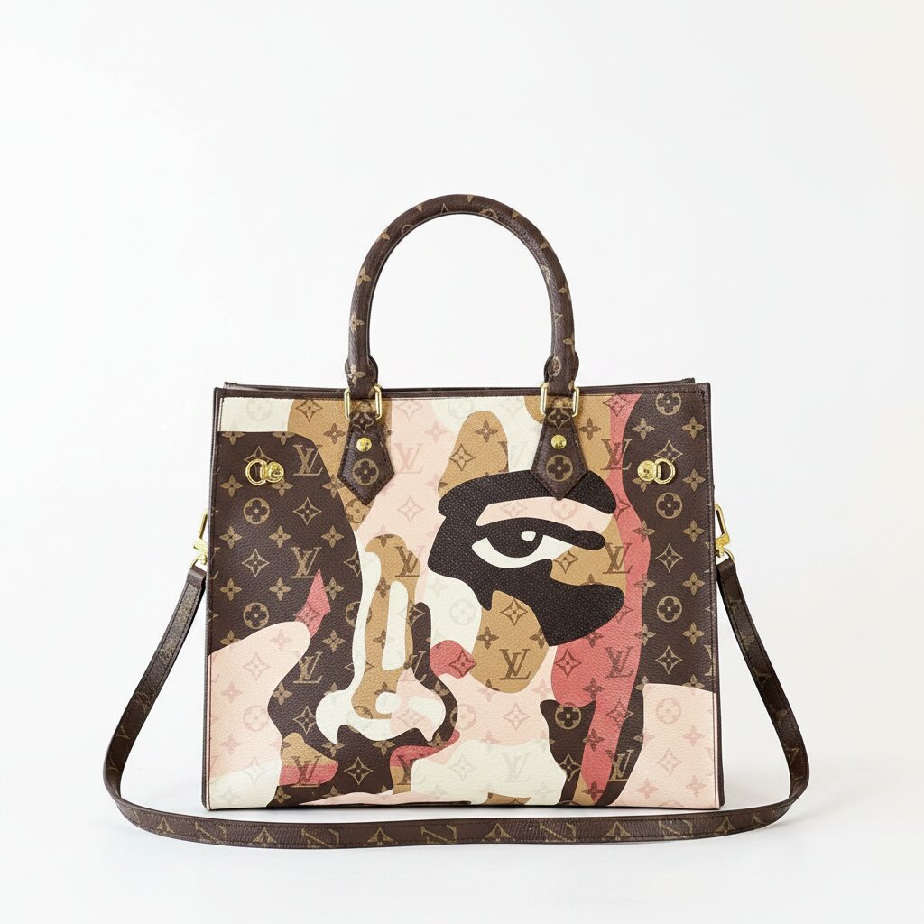 Designer handbag with artistic design and brand logo on a white background