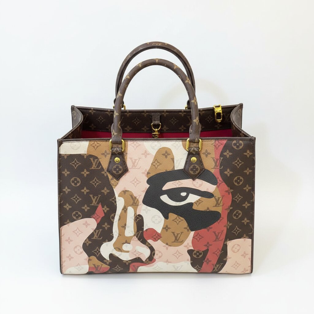 Designer handbag with artistic design and visible brand logo on a white background