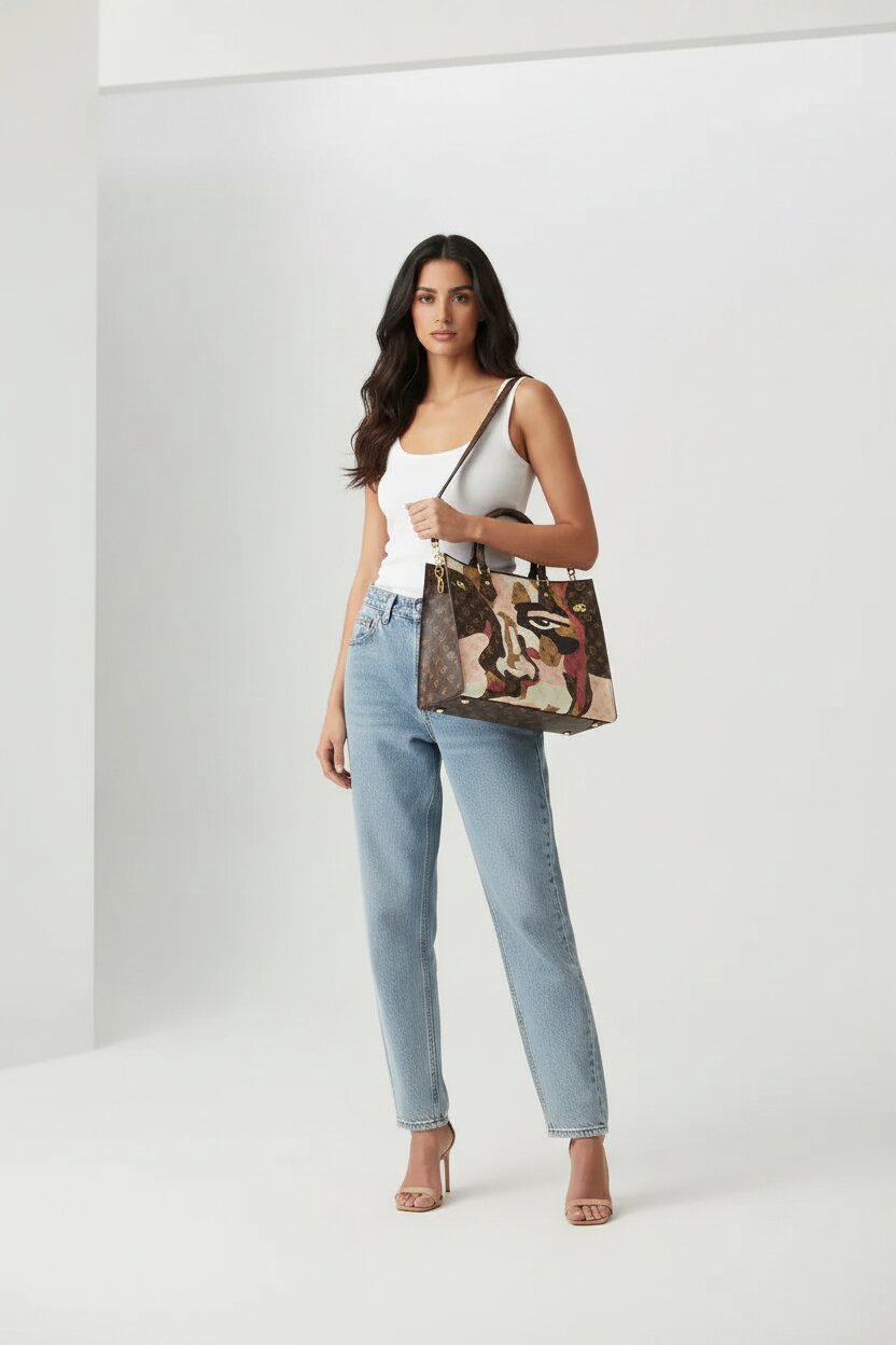 Woman holding a patterned handbag against a white background