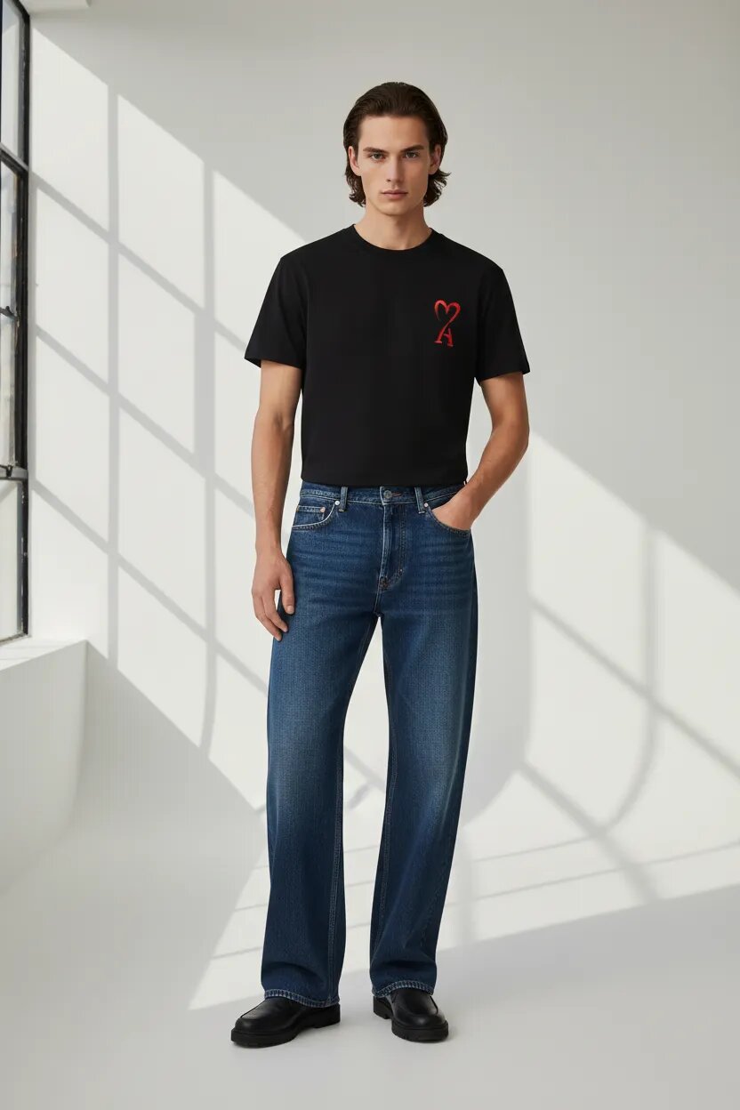 Man wearing a black t-shirt with a red design and blue jeans standing in a well-lit room.