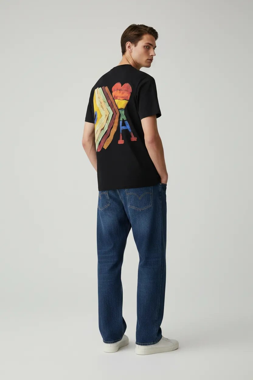 Man wearing a black t-shirt with a colorful graphic design on the back, standing against a plain background.