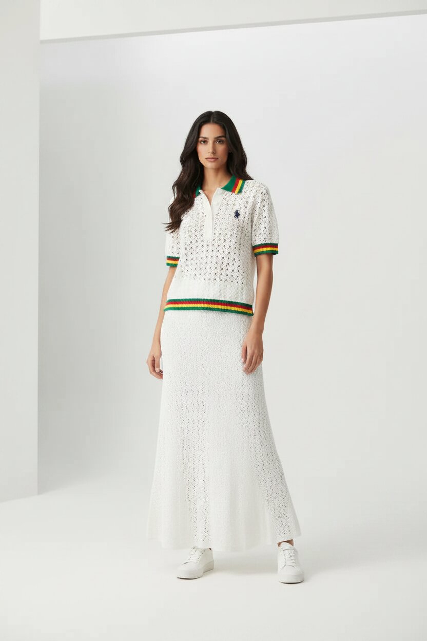 Polo Ralph Lauren open-knit crochet polo shirt styled with white crochet maxi skirt and white sneakers on female model