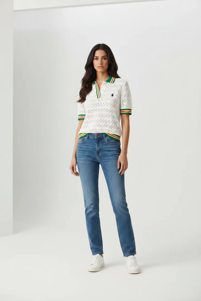 Polo Ralph Lauren open-knit crochet polo shirt styled with straight leg jeans and white sneakers on female model