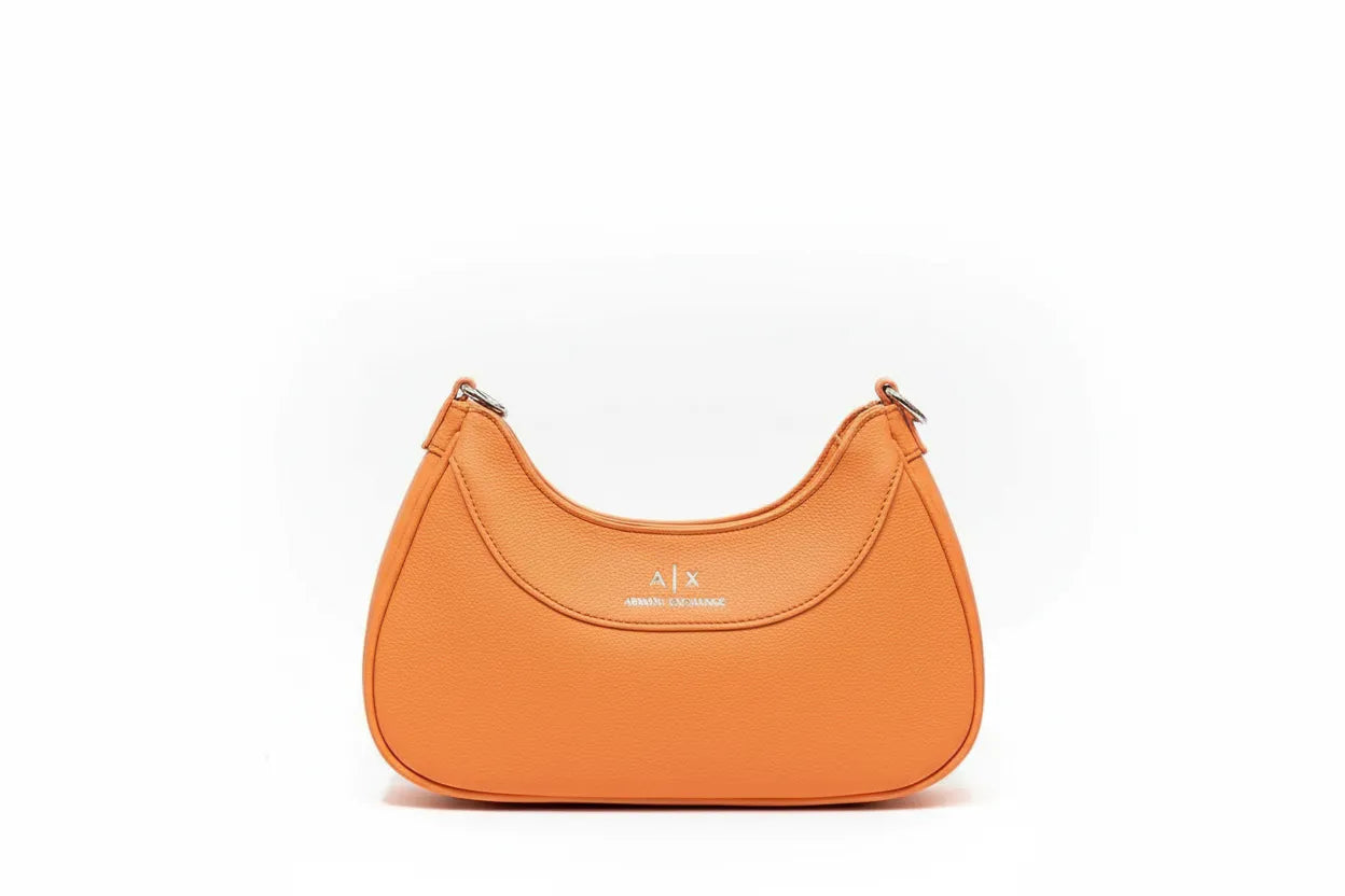 Orange handbag with a brand logo on a white background