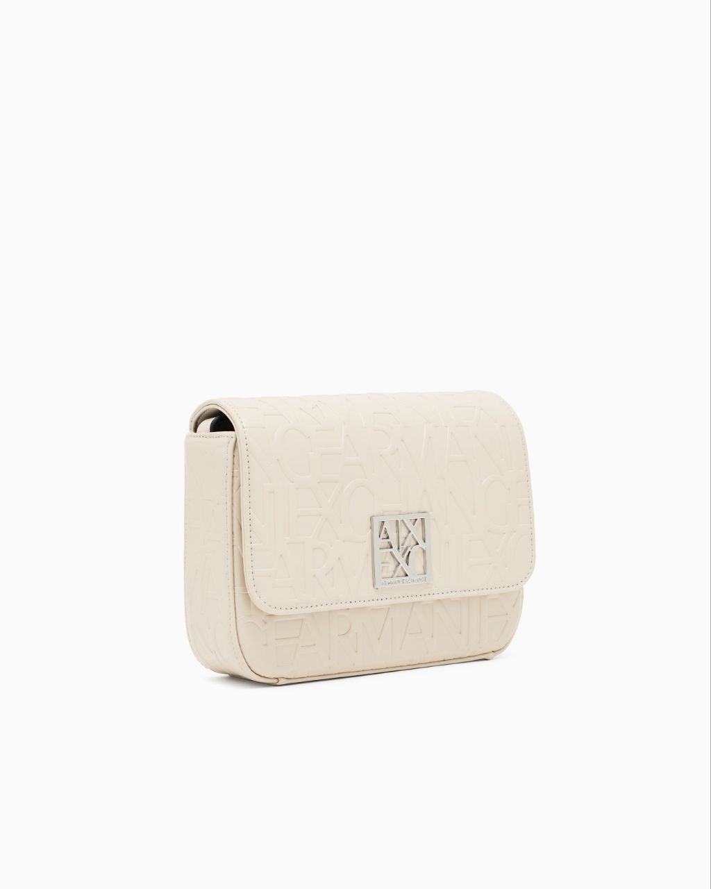Beige crossbody bag with a brand logo on a white background