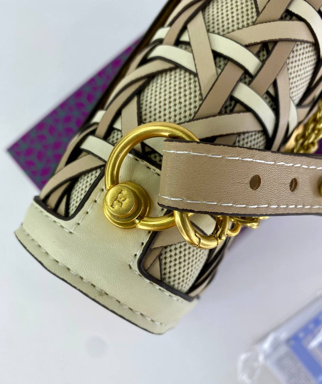 Tory Burch woven leather bag in tan brown with signature TB double logo and braided leather strap