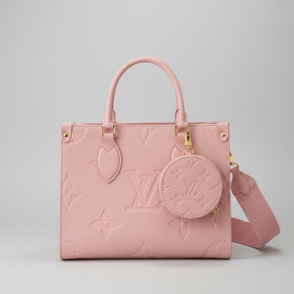 Pink handbag with matching round pouch on a light gray background