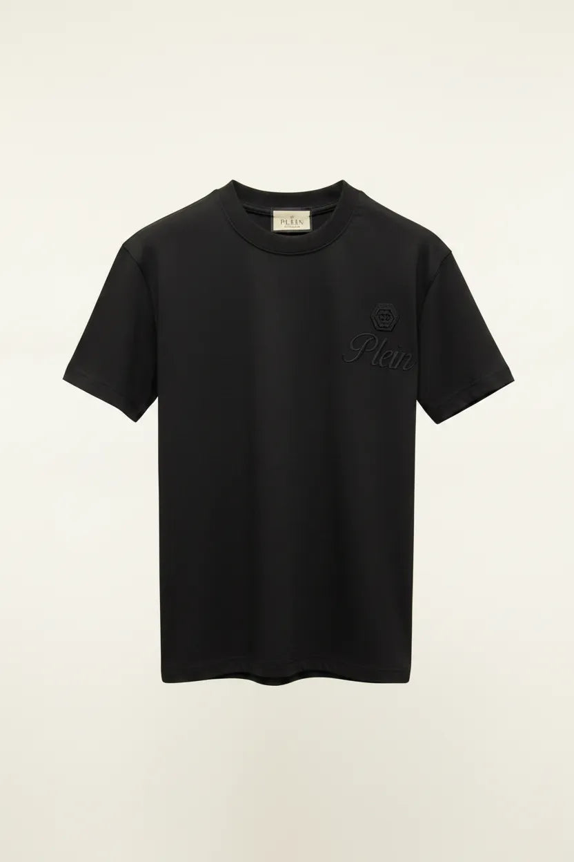 Black t-shirt with a logo on a beige background