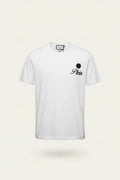White t-shirt with a black logo on a white background