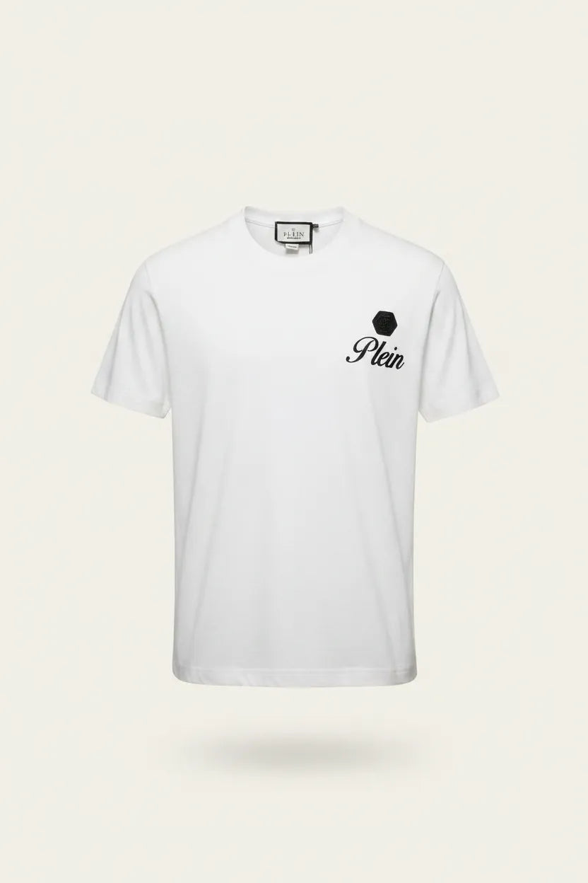 White t-shirt with a black logo on a white background