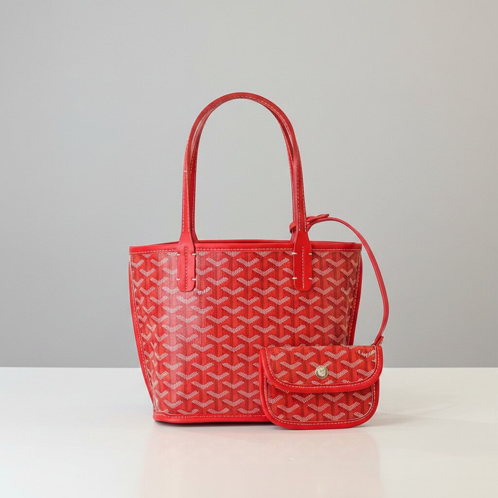 Goyard Double Face Tote Bag with Mini Pouch in Red Monogram Canvas - Light Gray Background - Front View