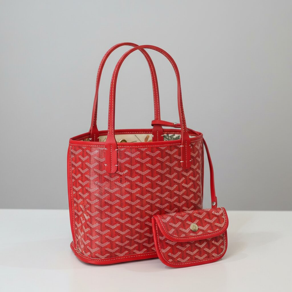 Goyard Double Face Tote Bag in Red Monogram Canvas - Open Interior Showing Floral Lining - Light Gray Background