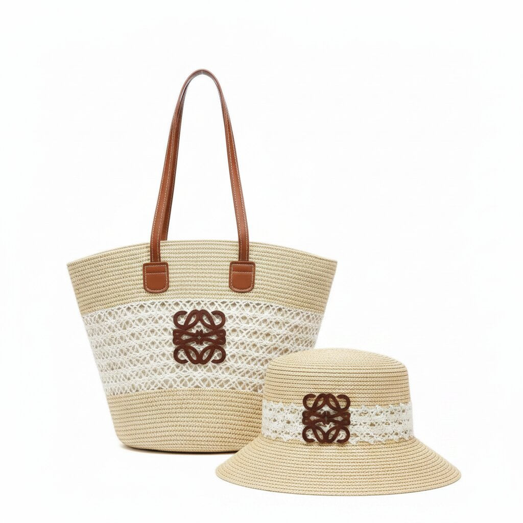 Woven straw bag and hat set with brown logo on a white background