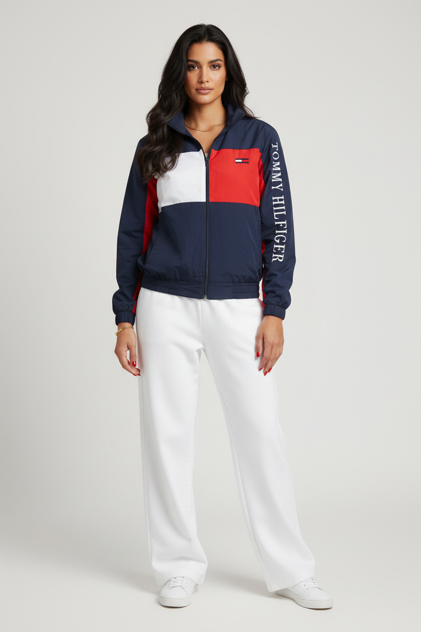 Female model wearing Tommy Hilfiger colorblock windbreaker jacket zipped closed white wide leg sweatpants white sneakers gray studio background