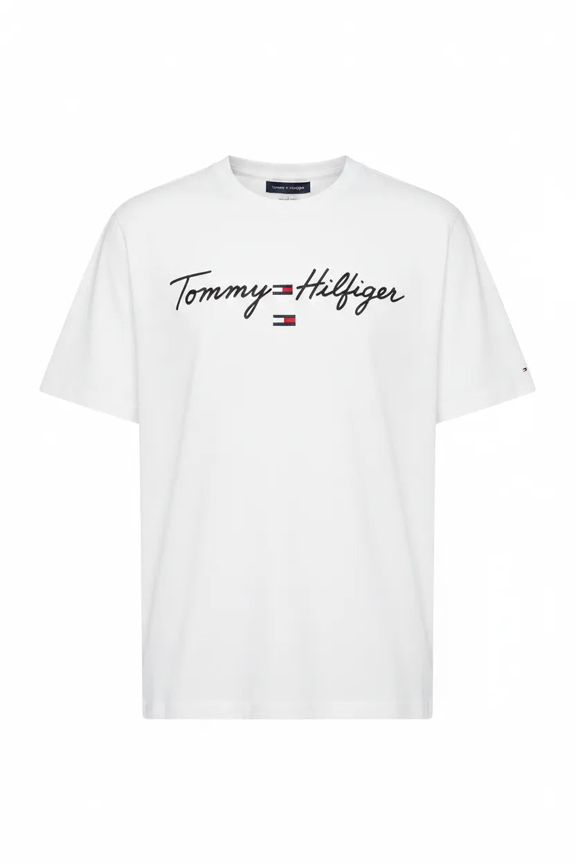 White Tommy Hilfiger t-shirt with logo on a white background