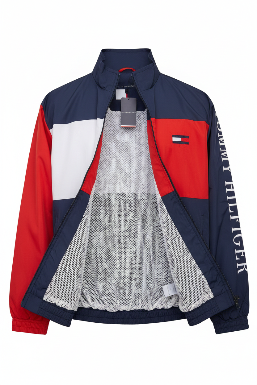 Tommy Hilfiger navy red white colorblock windbreaker jacket ghost mannequin white background front view flag logo vertical TOMMY HILFIGER sleeve text