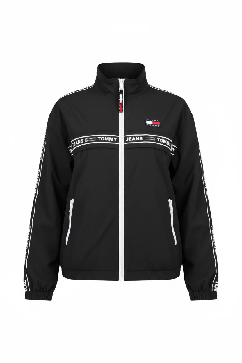 Tommy Jeans black windbreaker jacket ghost mannequin white background TOMMY JEANS logo tape chest sleeves white zip flag patch front view
