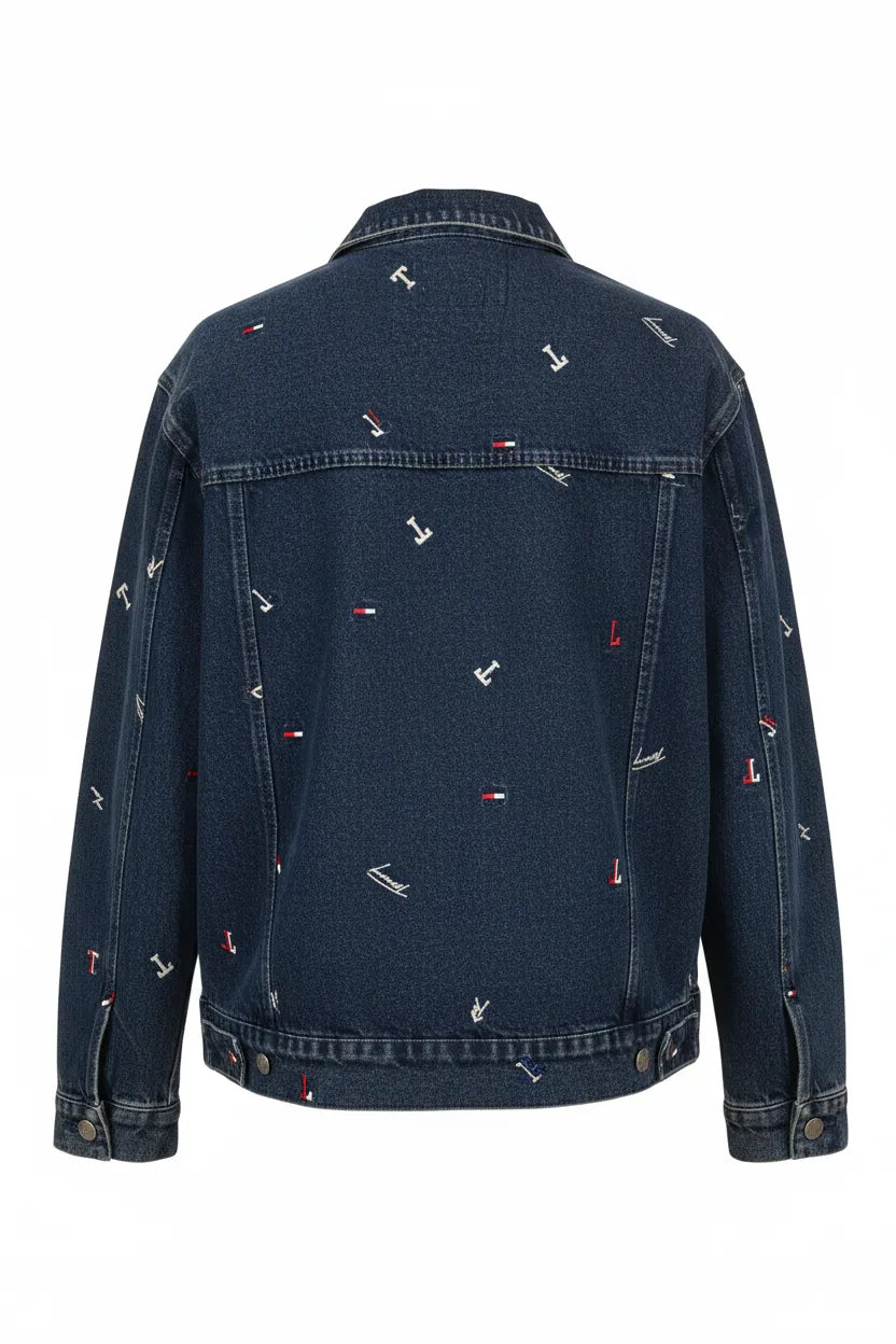 Tommy Jeans navy blue all-over embroidery denim jacket ghost mannequin back view white background scattered Tommy Jeans embroidery pattern