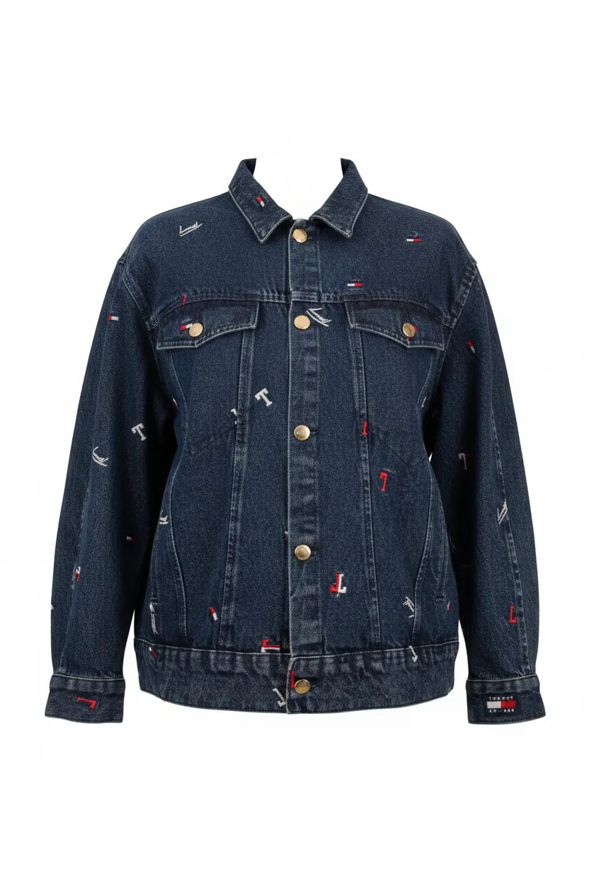 Dark blue denim tommy jacket with embroidered details on a white background