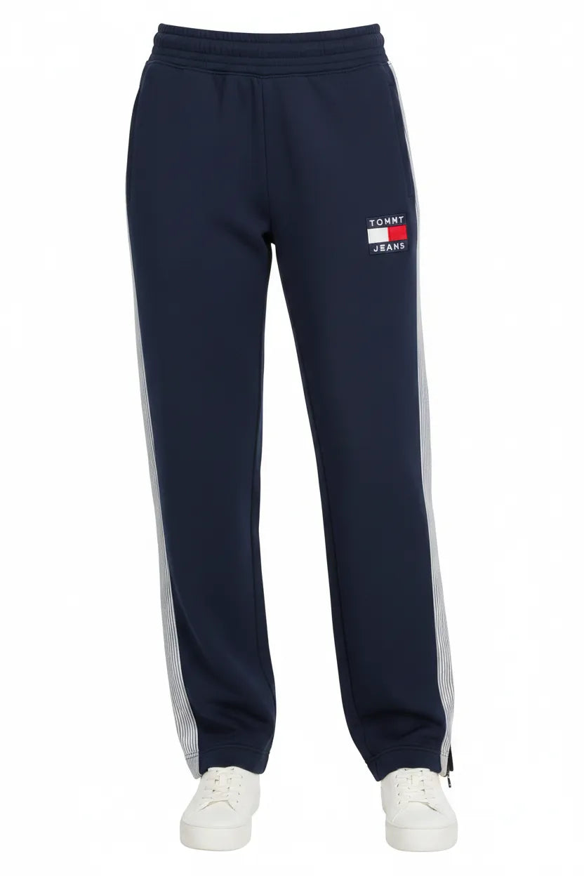 Navy blue sweatpants with a brand logo on a white background