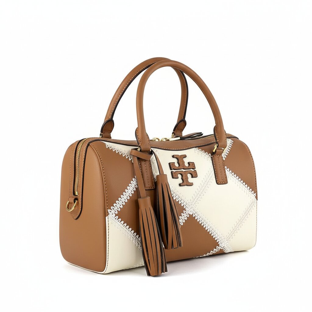 Brown and white handbag with a brand logo on a white background