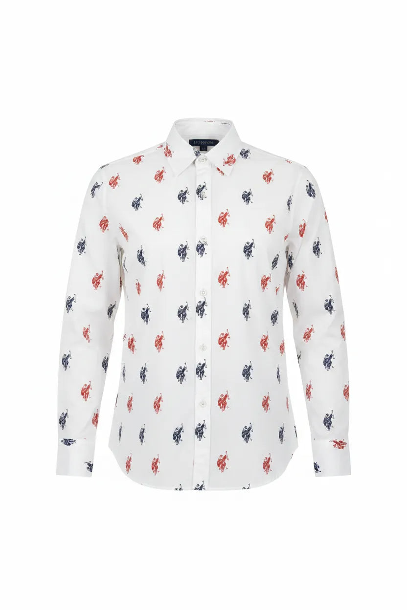 U.S. Polo Assn. white equestrian print shirt ghost mannequin studio white background