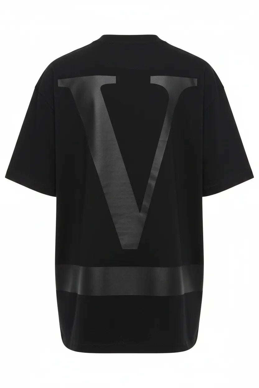 Black t-shirt with a large 'V' logo on the back against a white background