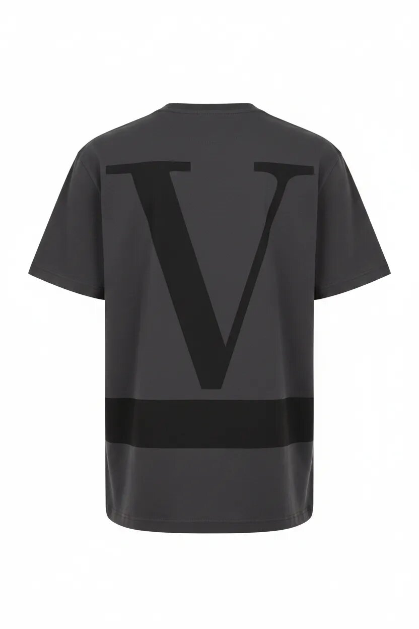 Black t-shirt with a large 'V' logo on the back against a white background