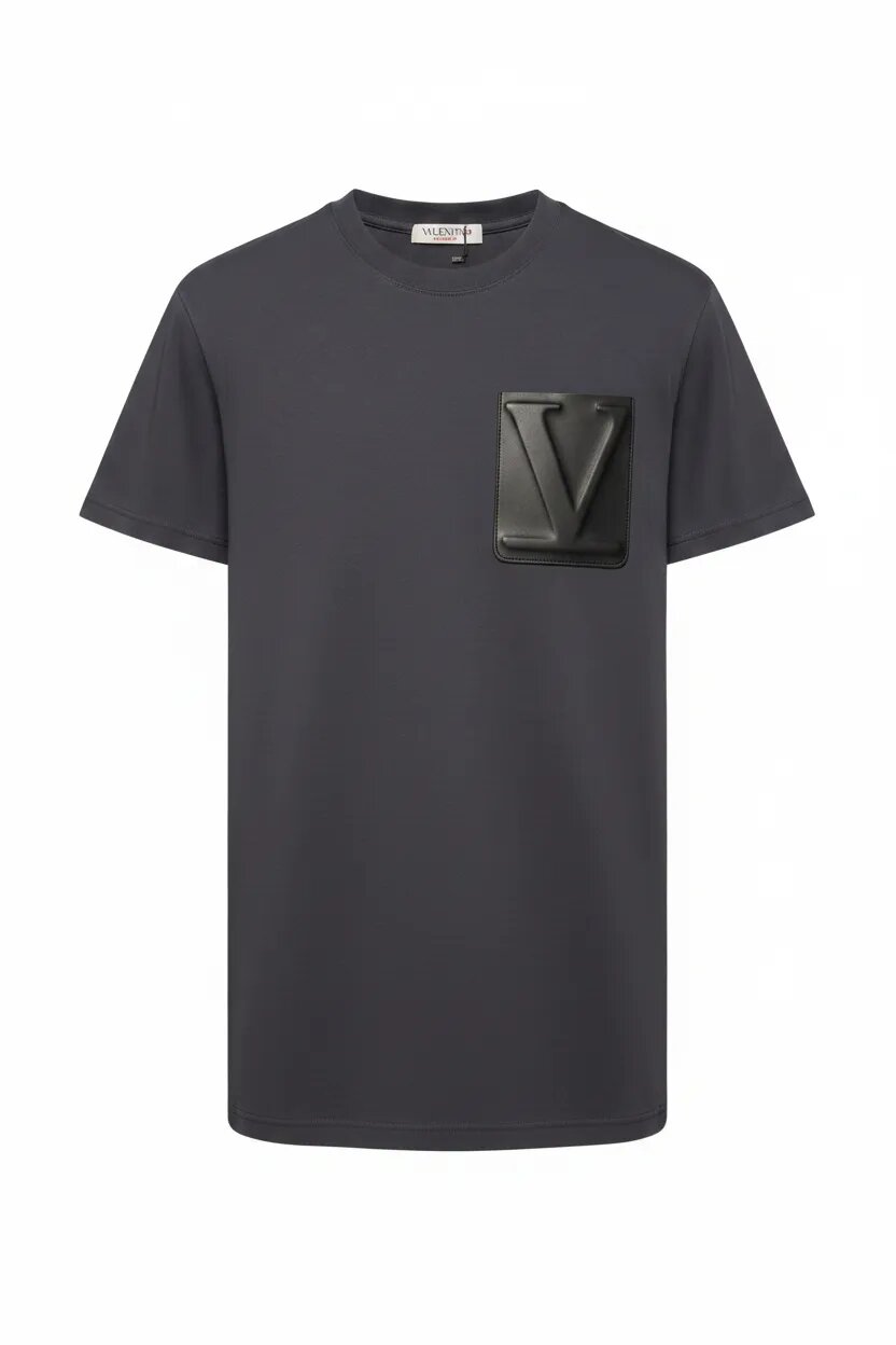 Black t-shirt with a logo on a white background