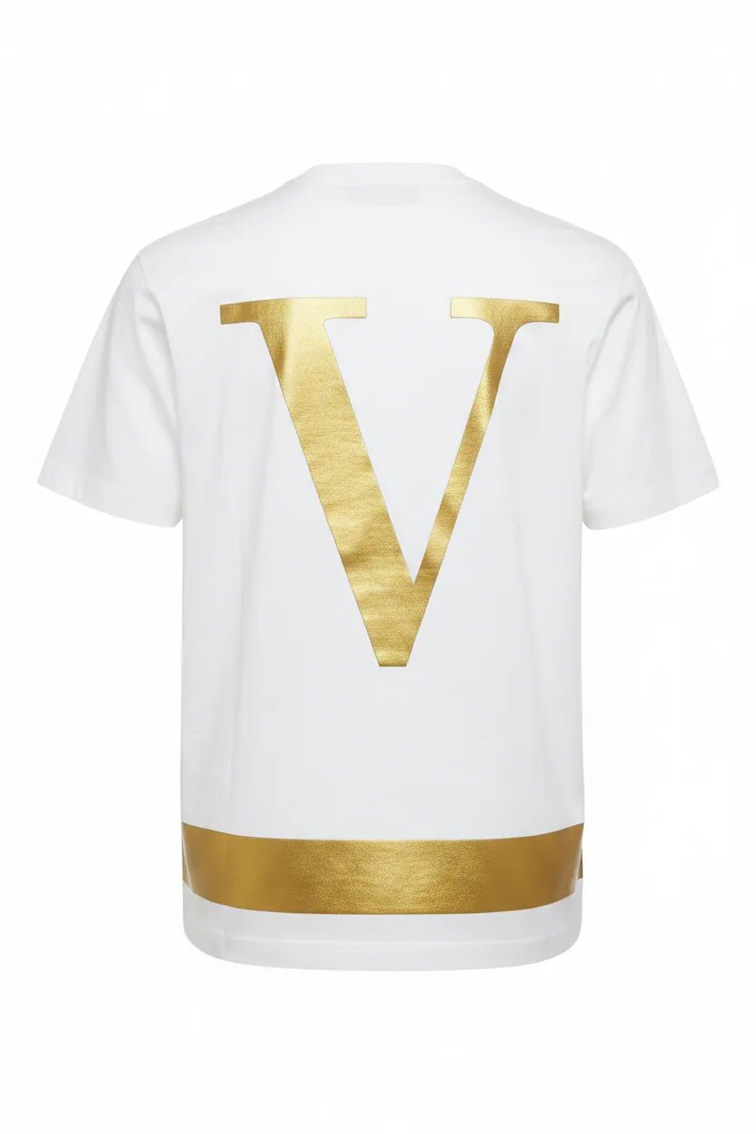 White t-shirt with gold 'V' logo on a white background