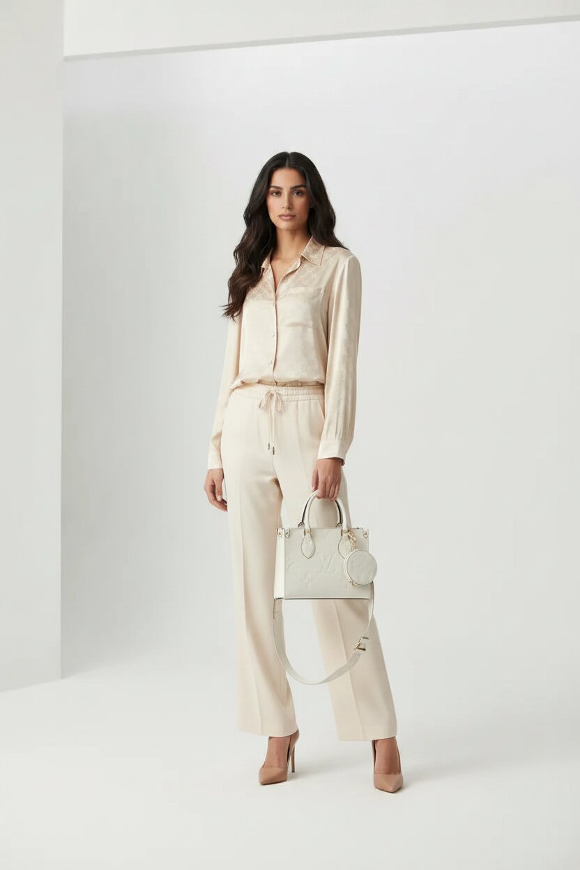 Woman in a beige outfit holding a matching handbag against a white background